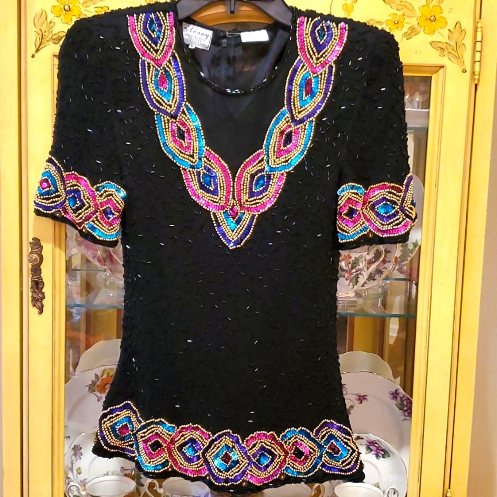Vtg Stenay Black Silk Beaded Sequin Mesh Evening Party Top Blouse  Blue Pink
